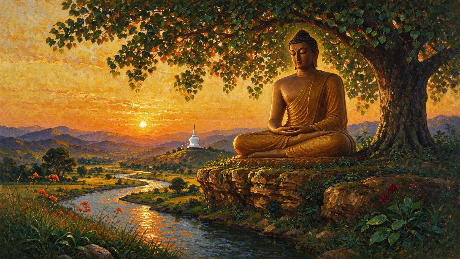 The Buddha seated in calm resolve beneath the Bodhi tree, with a river plain below at sunset