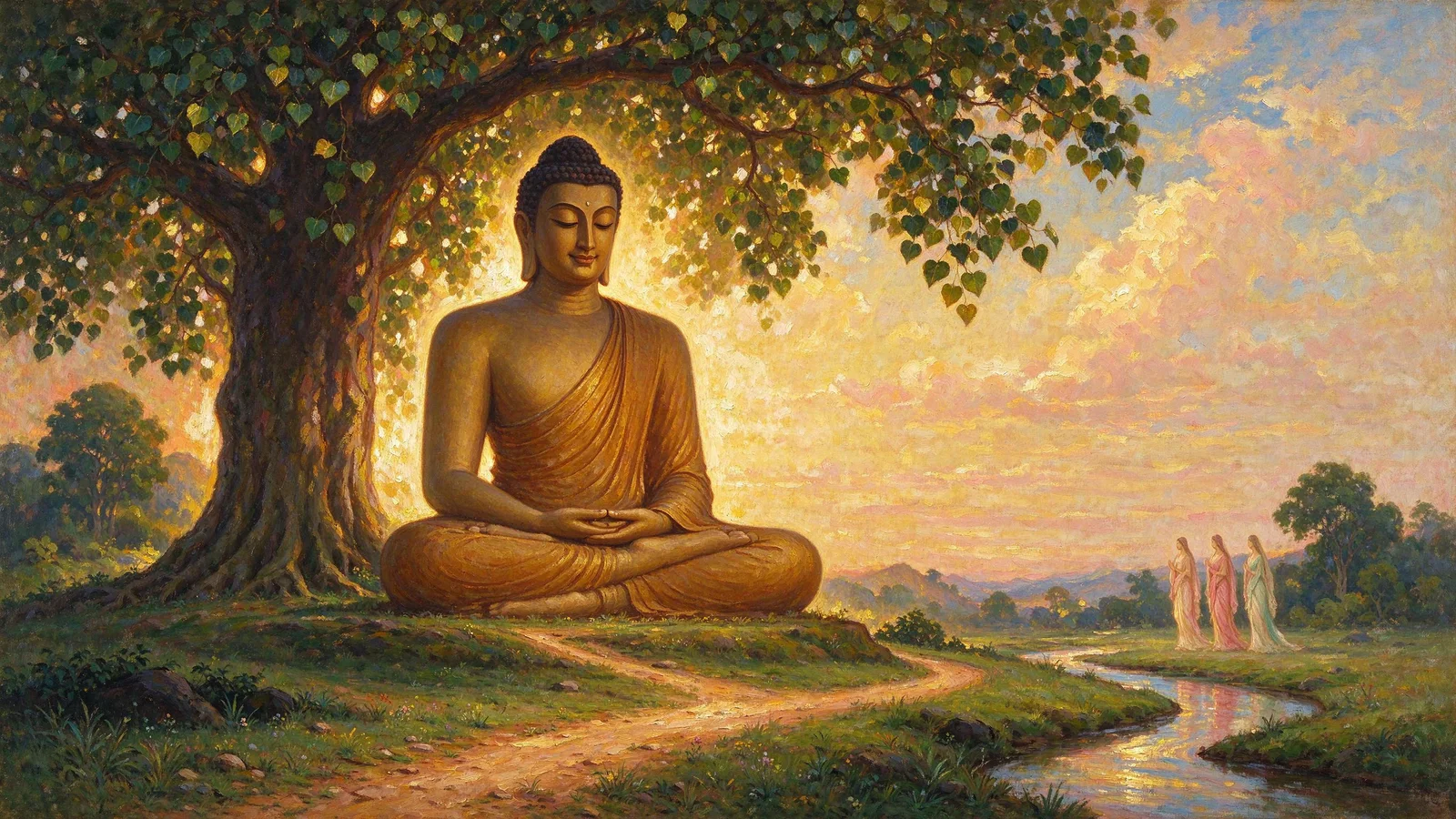 The Buddha seated calmly beneath the Bodhi tree, with three figures of Mara's daughters at the edge of the scene