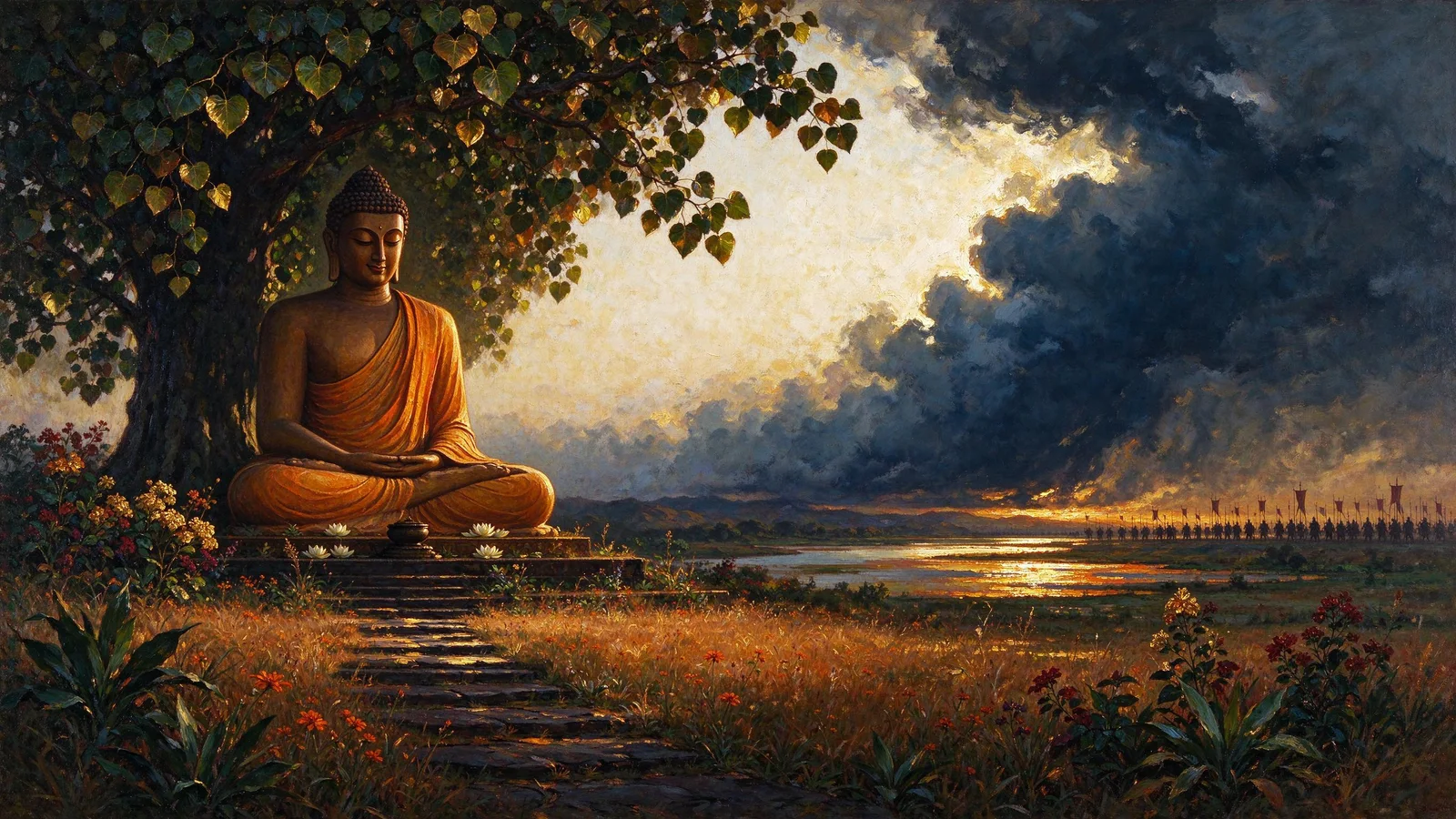 The Buddha seated calmly beneath the Bodhi tree as Mara's army and storm clouds gather on the plain