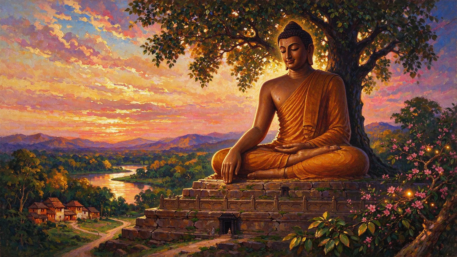The Buddha beneath the Bodhi tree, reaching his right hand down to touch the earth as witness