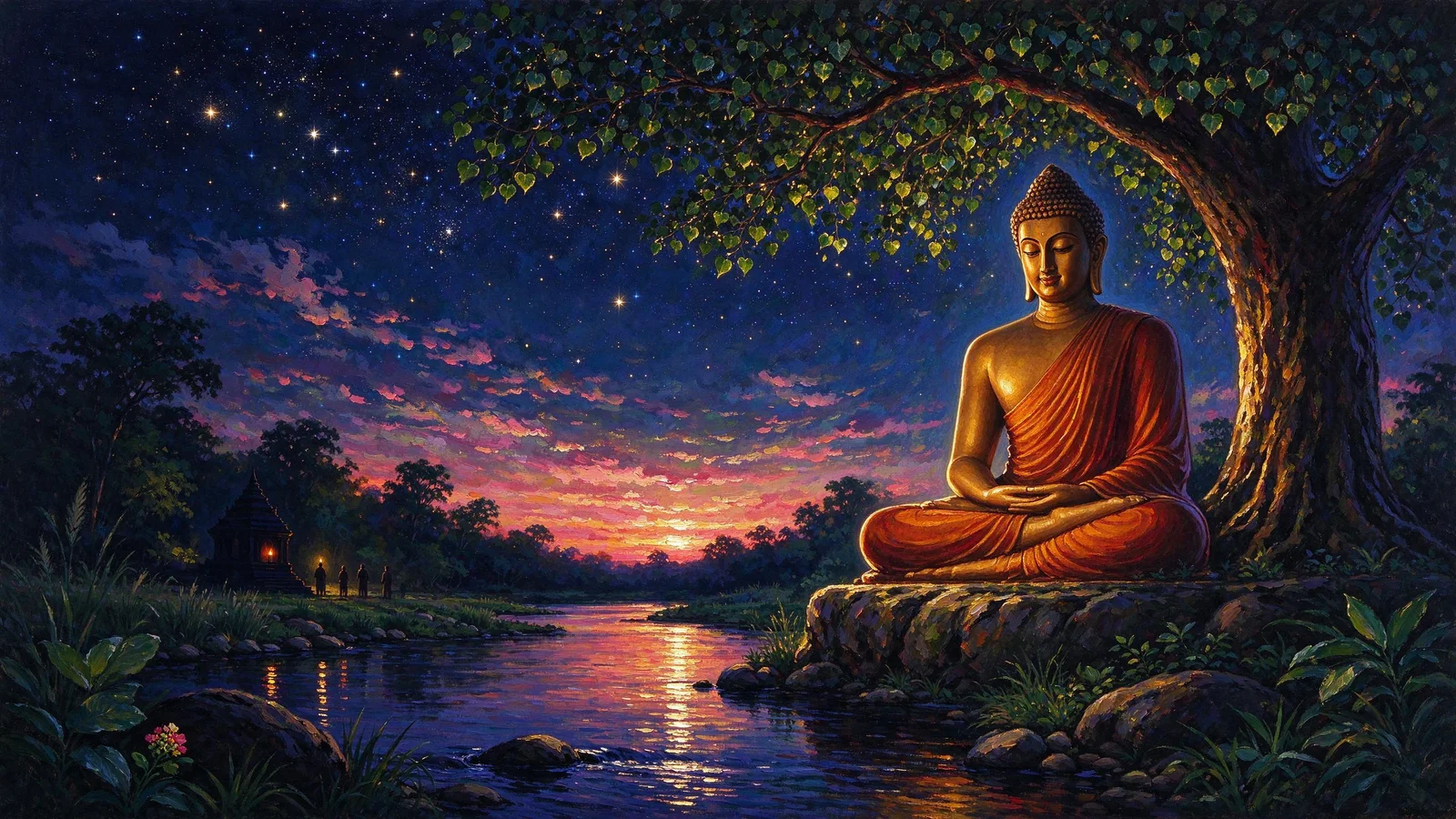 The Buddha seated beneath the Bodhi tree by a river through the night, stars above and the first light of dawn