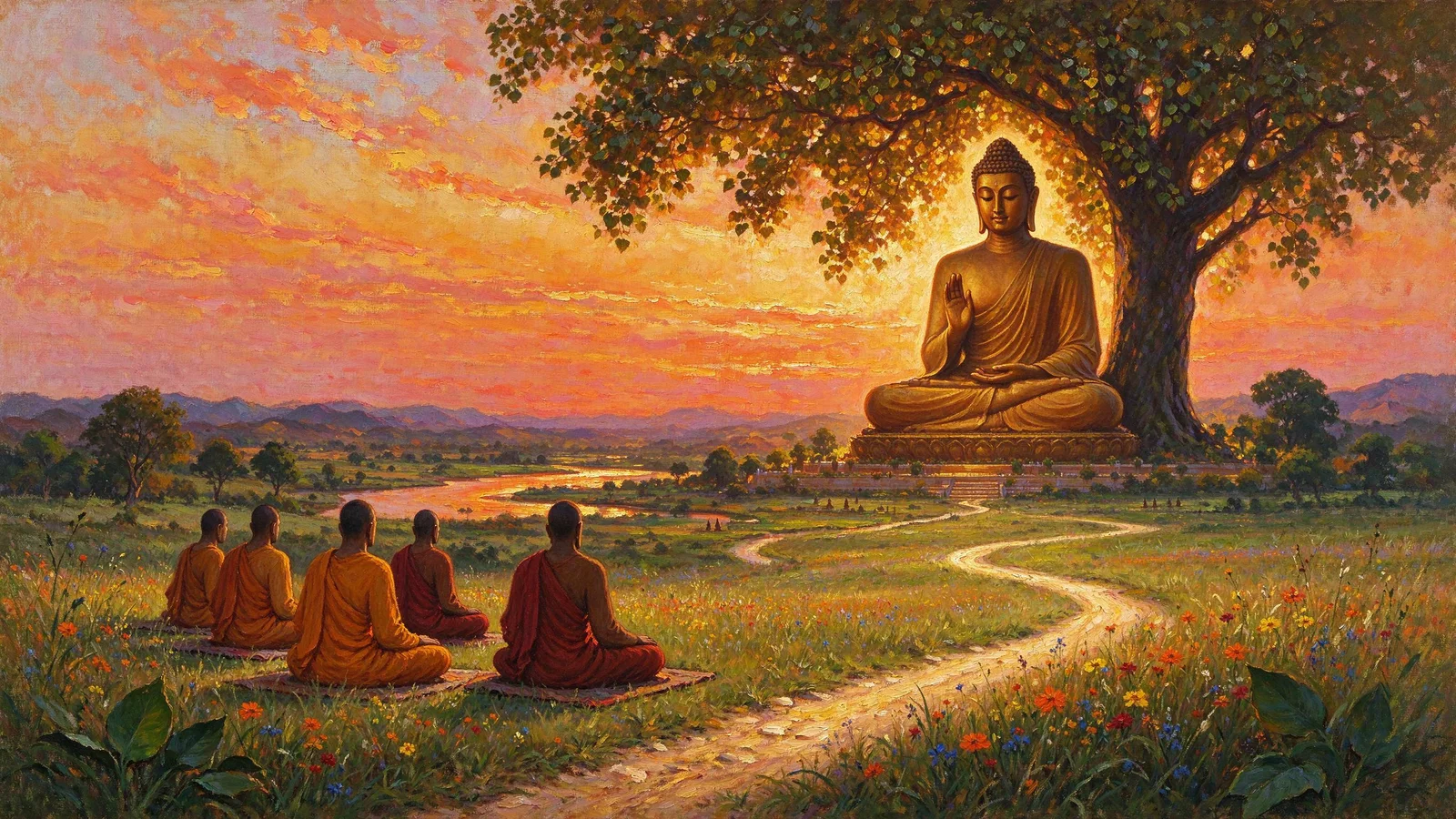 The Buddha teaching the Four Noble Truths beneath the Bodhi tree, with disciples seated before him