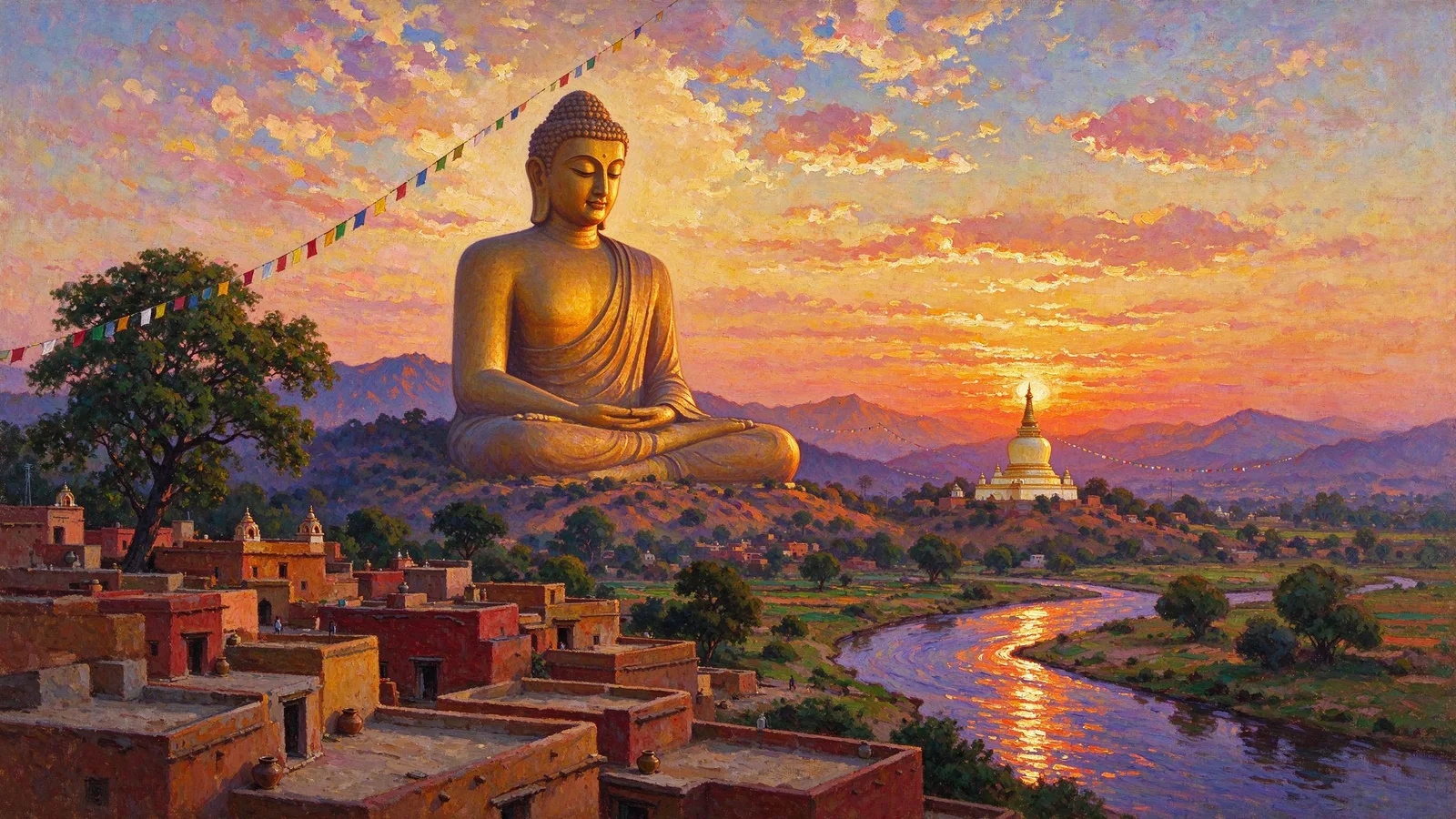 The Buddha seated at a distance on the plain as the teaching spreads across Buddhist lands, with a stupa and a river