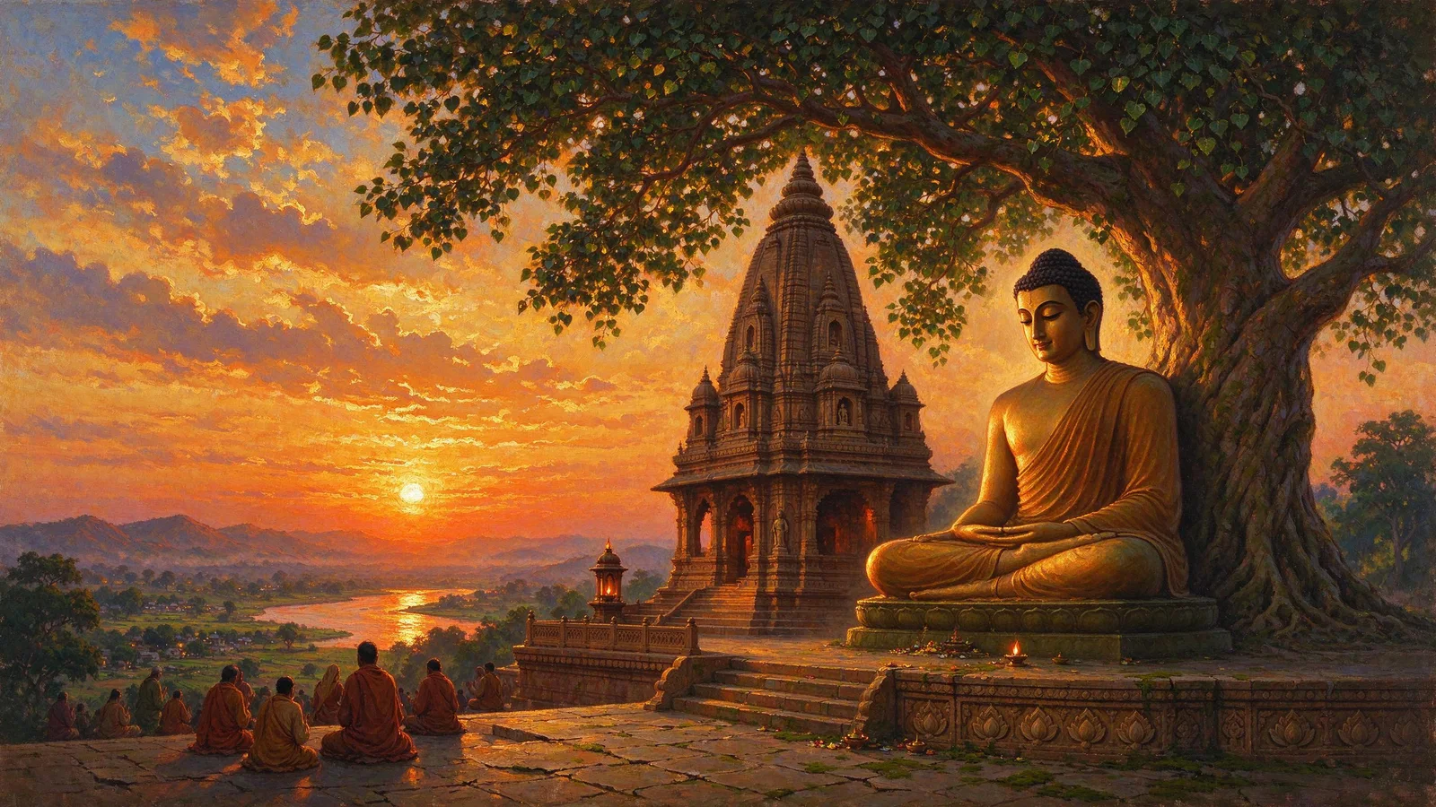 The Buddha seated beneath the great Bodhi tree at Bodh Gaya, with the temple beside him at sunrise