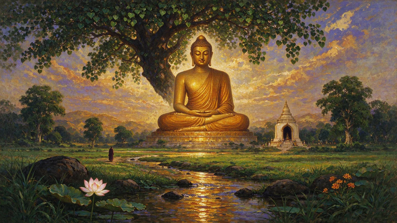 The Buddha seated beneath the Bodhi tree at sunset, with a river, a distant stupa and golden light, for The Enlightenment of the Buddha