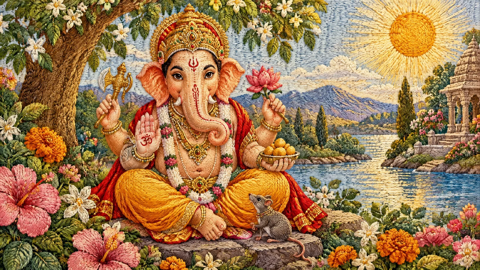 Embroidered Lord Ganesha seated in a sunlit garden of flowers, with a lake, a sun and a small shrine