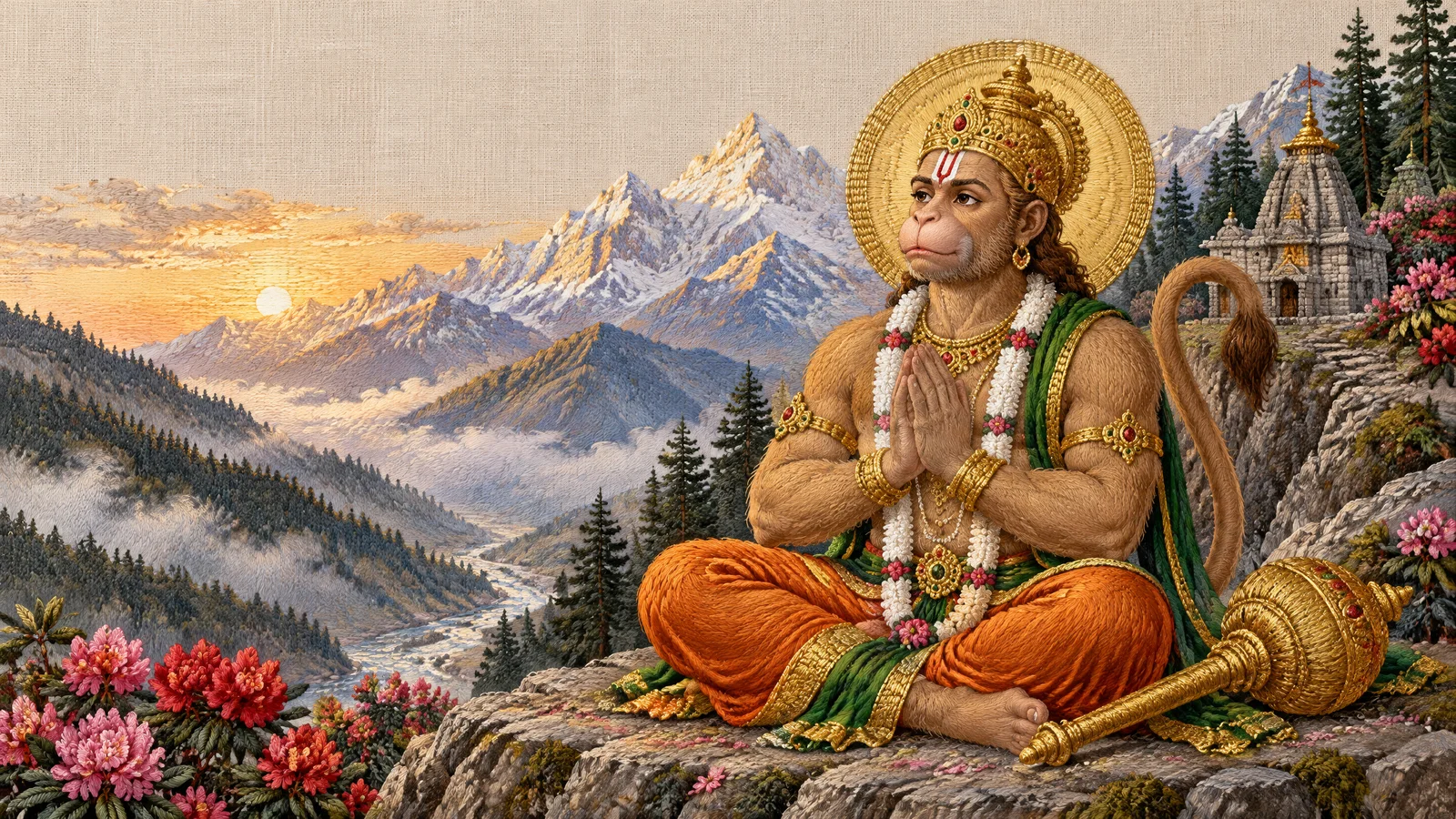 Lord Hanuman seated in prayer on a misty Himalayan ridge at sunrise, with a stitched stone temple, snow peaks and flowering rhododendrons, in fine embroidery