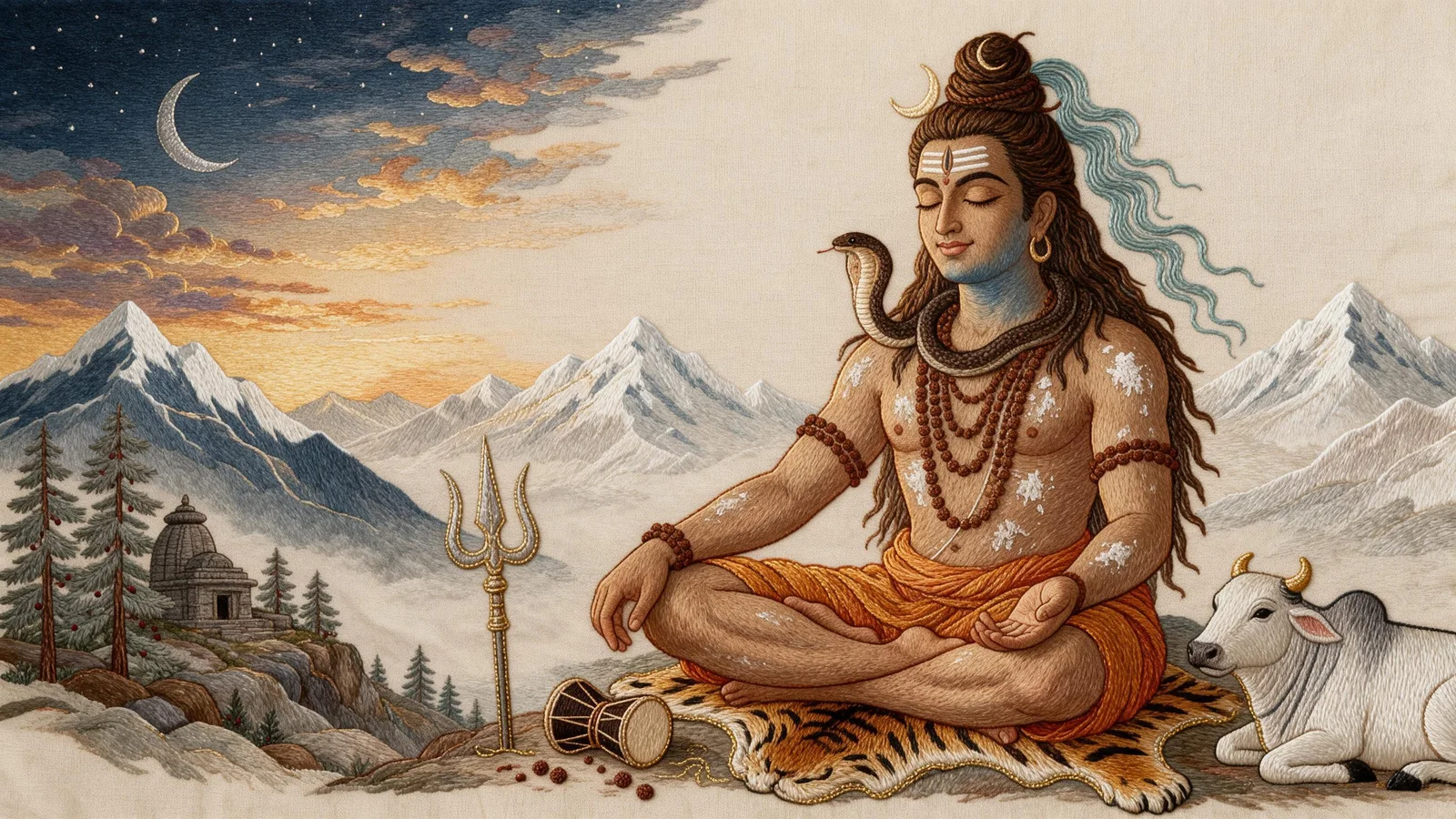 Lord Shiva seated in meditation on a tiger skin at dusk, with a crescent moon in his matted hair, the Ganga flowing from his locks, a cobra around his neck, a trishul and damru beside him, Nandi resting, and a Himalayan temple in fine embroidery