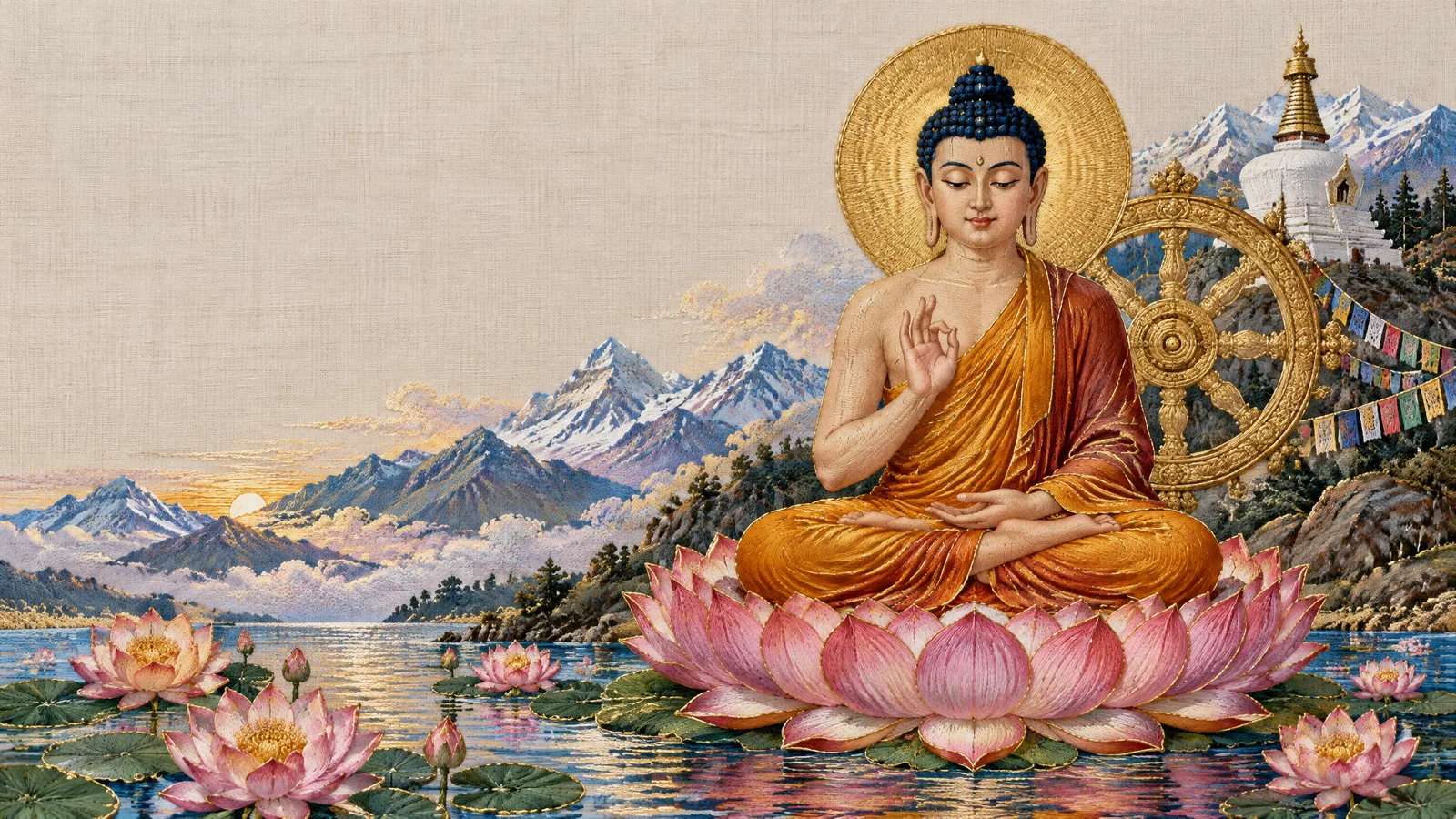 Embroidered Buddha seated in meditation on a pink lotus, with a golden dharma wheel and a white stupa in the mountains