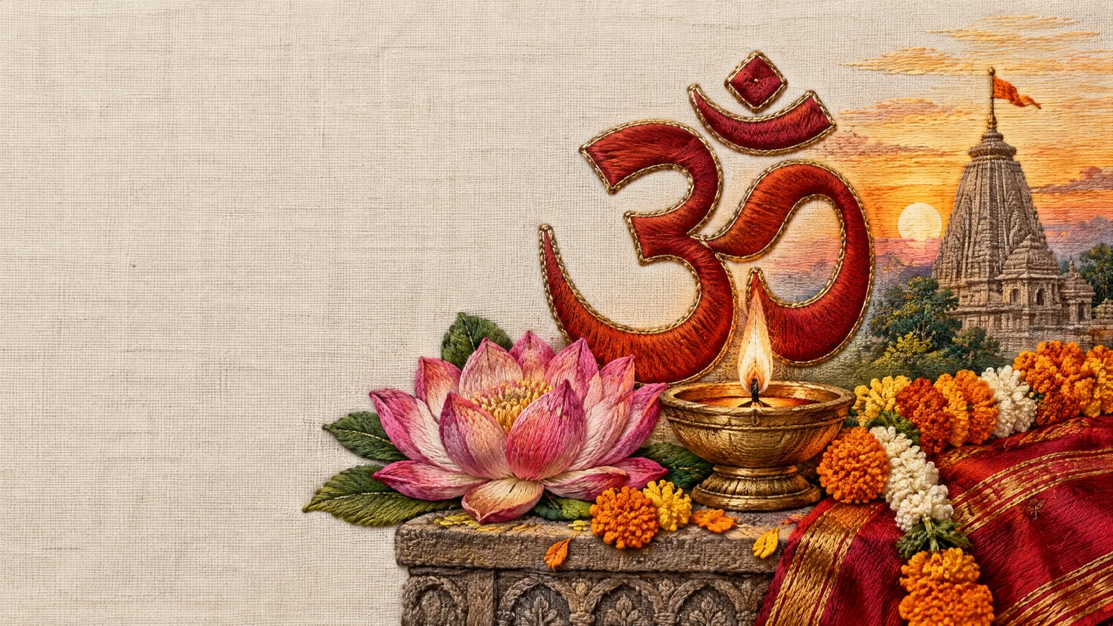 Embroidered artwork for Tiruppavai: Embroidered Om symbol above a brass diya, marigolds and a temple spire at sunrise