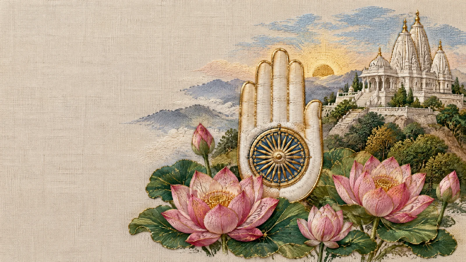 Embroidered Jain ahimsa palm with a gold wheel, white marble temples and lotuses at dawn
