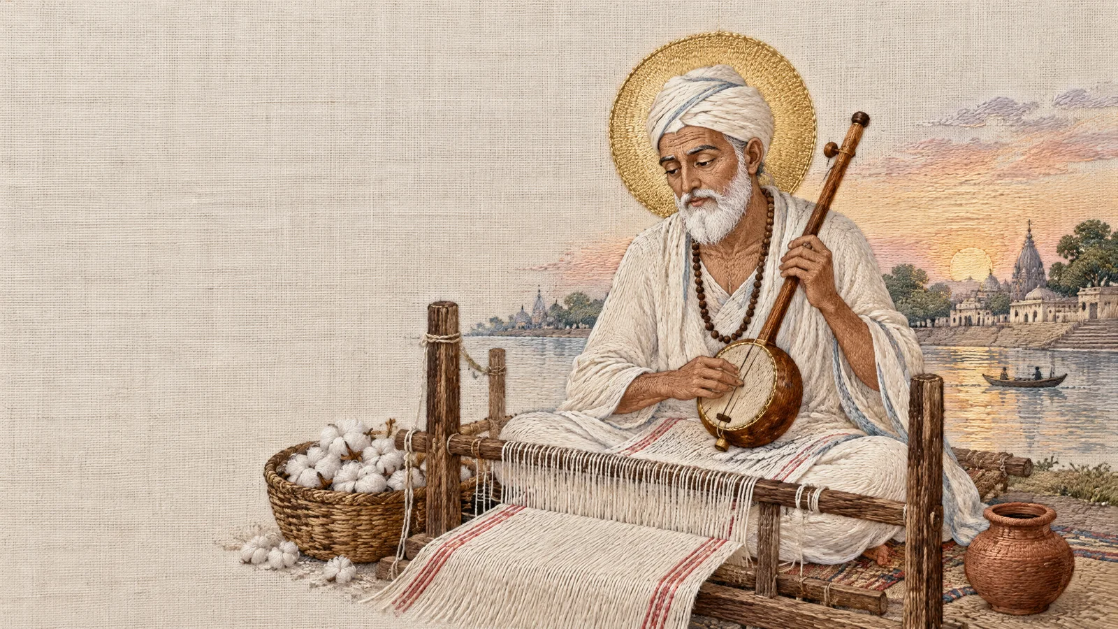 Sant Kabir seated at his weaving loom with an ektara, in an embroidered riverside scene