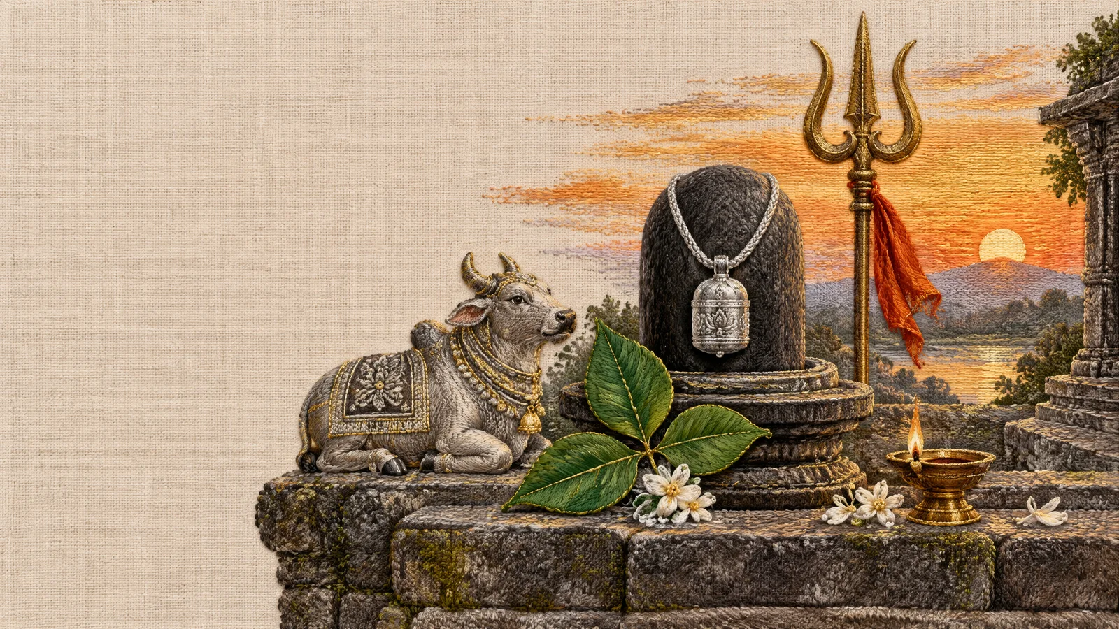 Embroidered silver ishtalinga, a seated Nandi bull and bilva leaves beside a stone shrine
