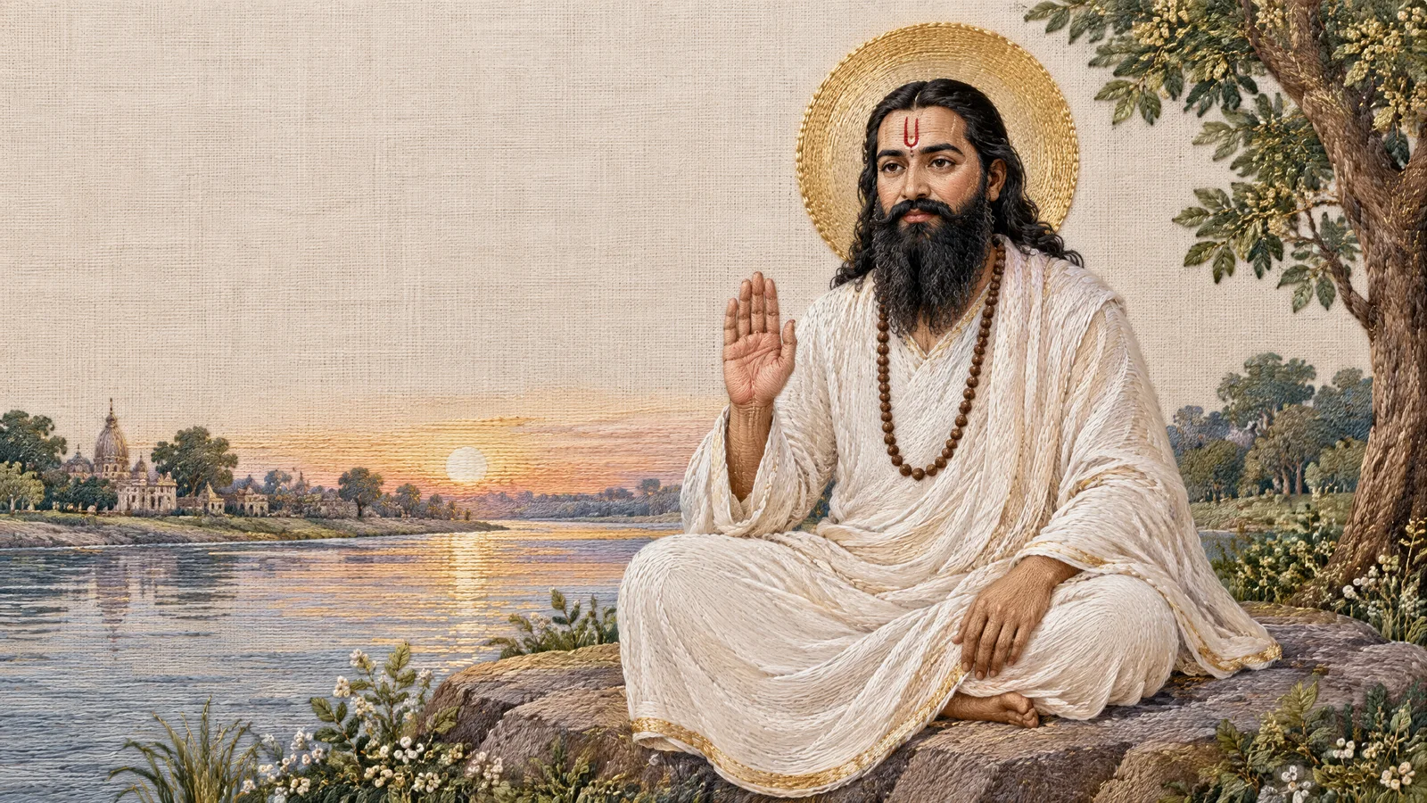 Guru Ravidas seated by a river at dawn with one hand raised in blessing, embroidered