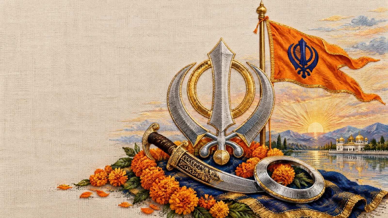 Embroidered Khanda emblem with a saffron Nishan Sahib flag and marigolds at sunrise