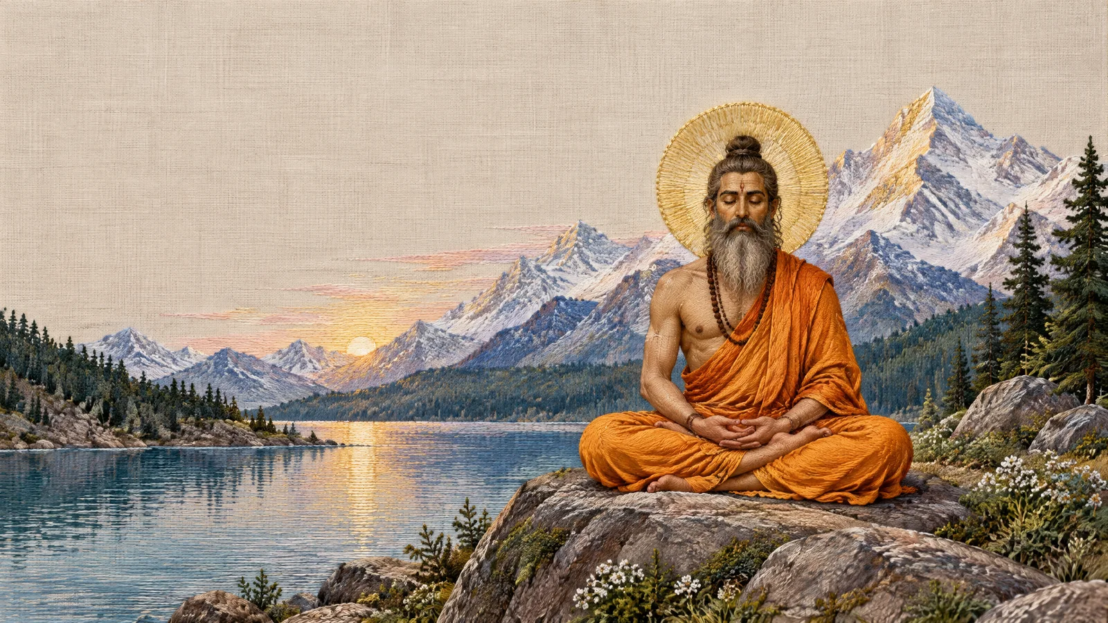 A yogi in lotus pose on a rock beside a mountain lake at sunrise, in embroidery